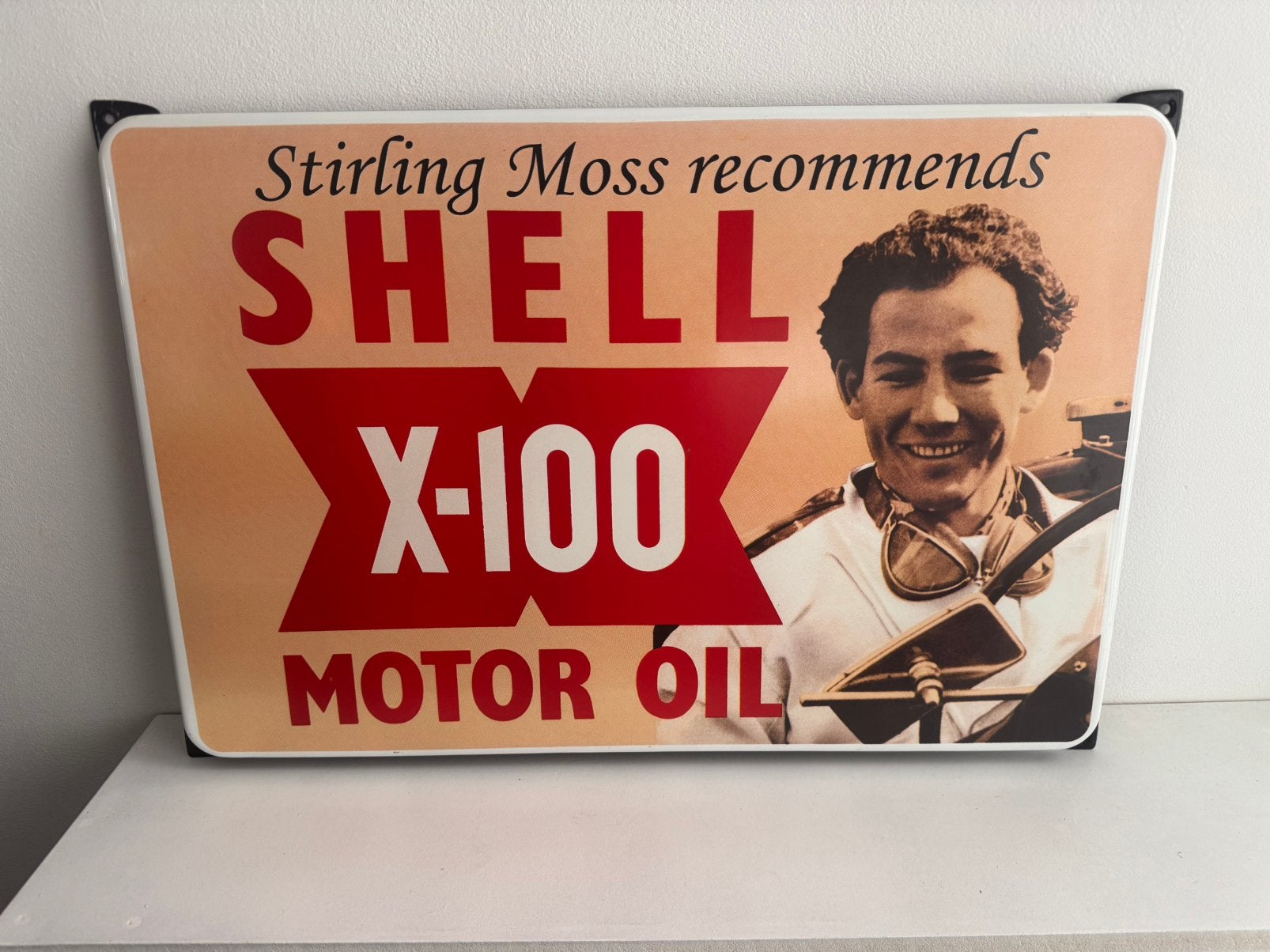 Shell X-100 Emaille reclame bord Stirling Moss 60x40 cm, Verzamelen, Ophalen of Verzenden, Nieuw, Reclamebord