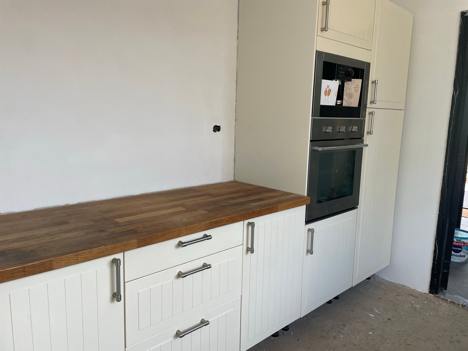 IKEA Keuken met houten blad en inbouwapparatuur - 2.80m, Ophalen, Gebruikt, Wit, Enkelwandige keuken