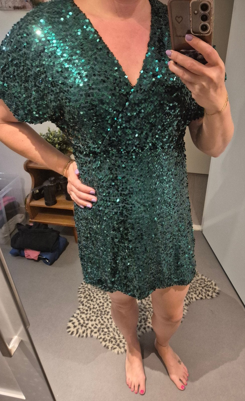 Leuke groene feestjurk pailletten, Overige typen, Ophalen of Verzenden, Zo goed als nieuw, Maat 36 (S)