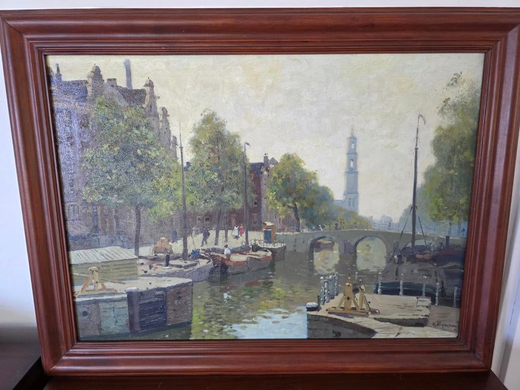 Herman Bogman Jr. Schilderij Amsterdamse Gracht 50x70cm, Antiek en Kunst, Kunst | Schilderijen | Klassiek, Ophalen