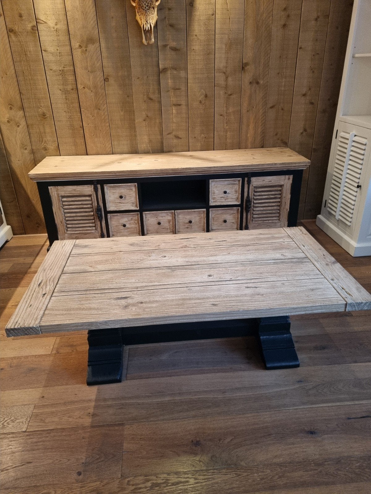 landelijke Industriële Salontafel Amanda € 200.-, Ophalen of Verzenden, Zo goed als nieuw, Rechthoekig, 50 tot 100 cm