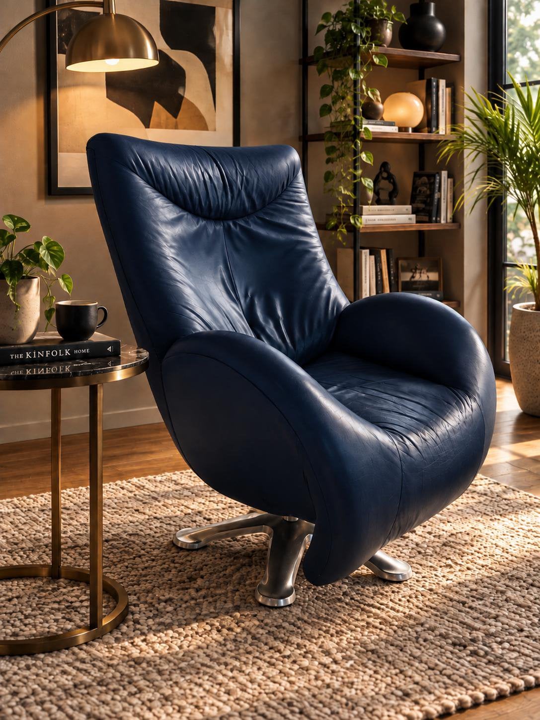 Luxe Leolux Bellelaine blauwe leren fauteuil met hocker, Huis en Inrichting, Ophalen, Zo goed als nieuw, Leer, 75 tot 100 cm
