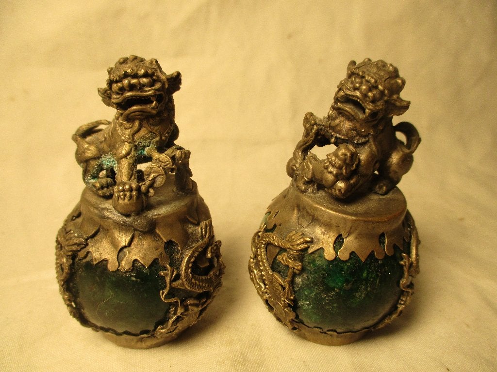 zilver? Tibet jade bal honden leeuwen ornamentjes China, Ophalen of Verzenden