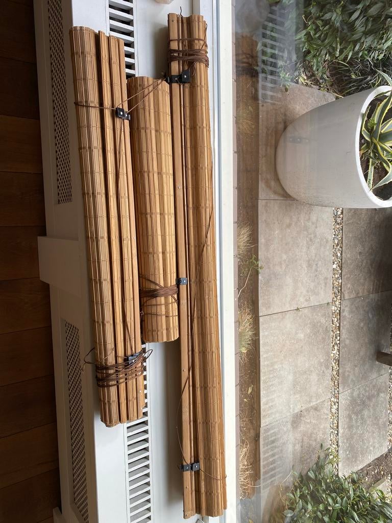 3 bamboe rolgordijnen, Ophalen, Gebruikt, 100 tot 150 cm, Bruin