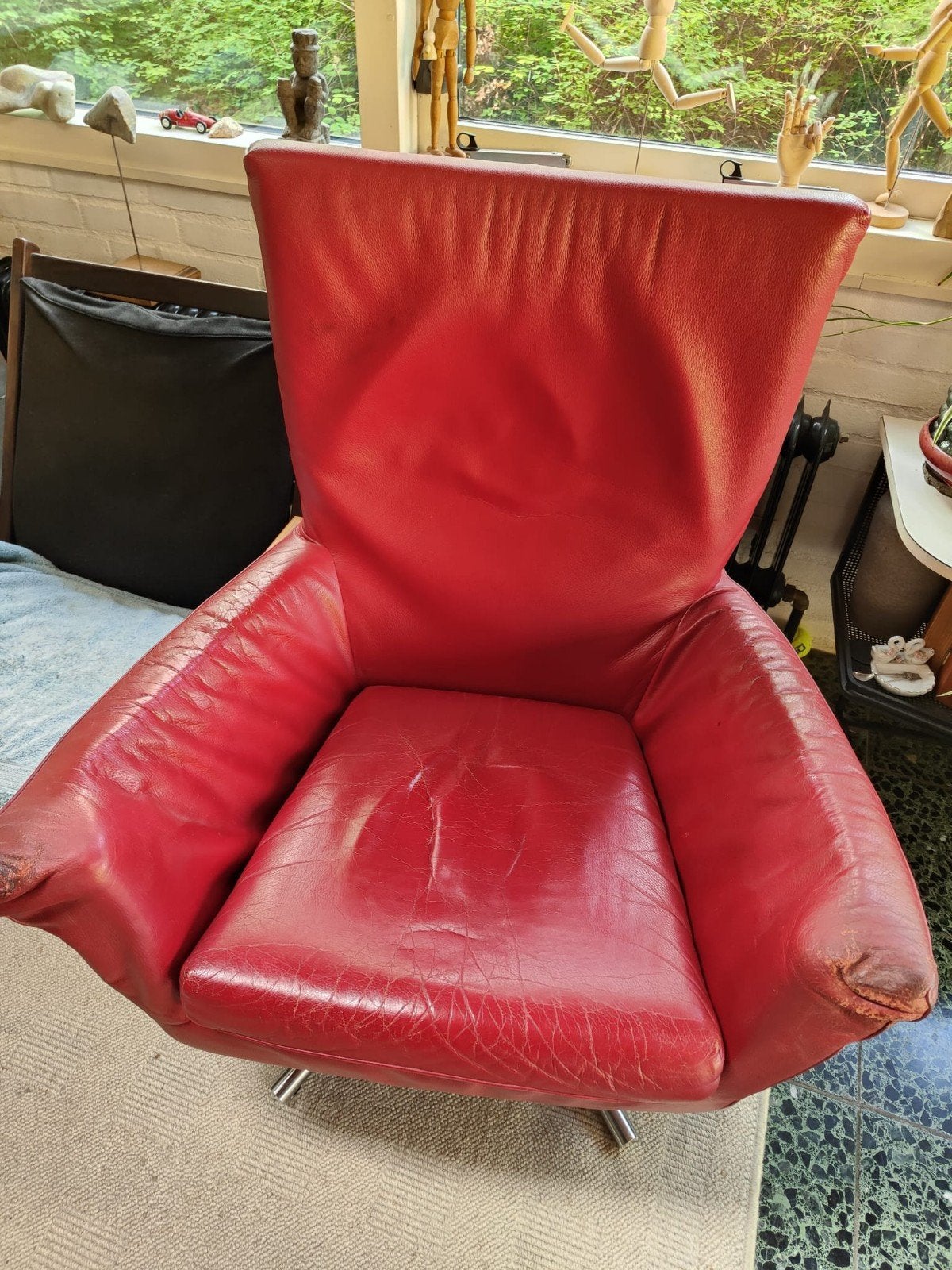 Rode leren fauteuil met draaivoet, Huis en Inrichting, Modern, Comfortabel, Gebruikt, 75 tot 100 cm, Ophalen of Verzenden