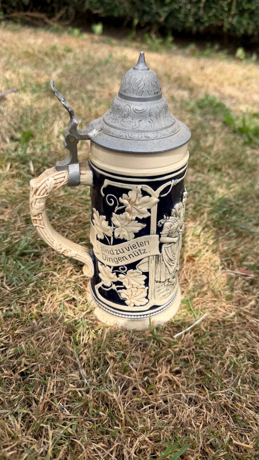 Vintage Duitse Bierpul met Tin Deksel - Handgemaakt, Antiek en Kunst, Antiek | Keramiek en Aardewerk, Ophalen of Verzenden