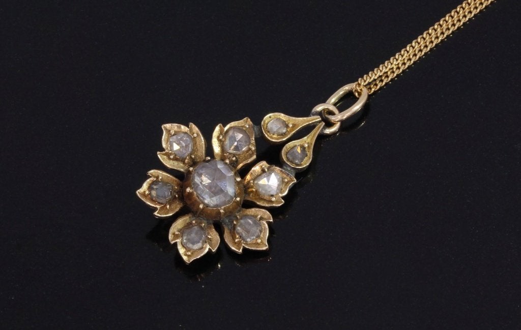 Diamanten bloem 14k gouden fraai antieke ketting hanger dame, Ophalen of Verzenden, Goud, Hanger, Met edelsteen