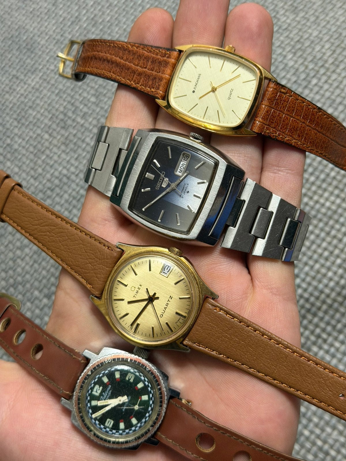Partij oude merk horloges Junghans, Palerma, Seiko, Timex #6, Verzenden, Gebruikt