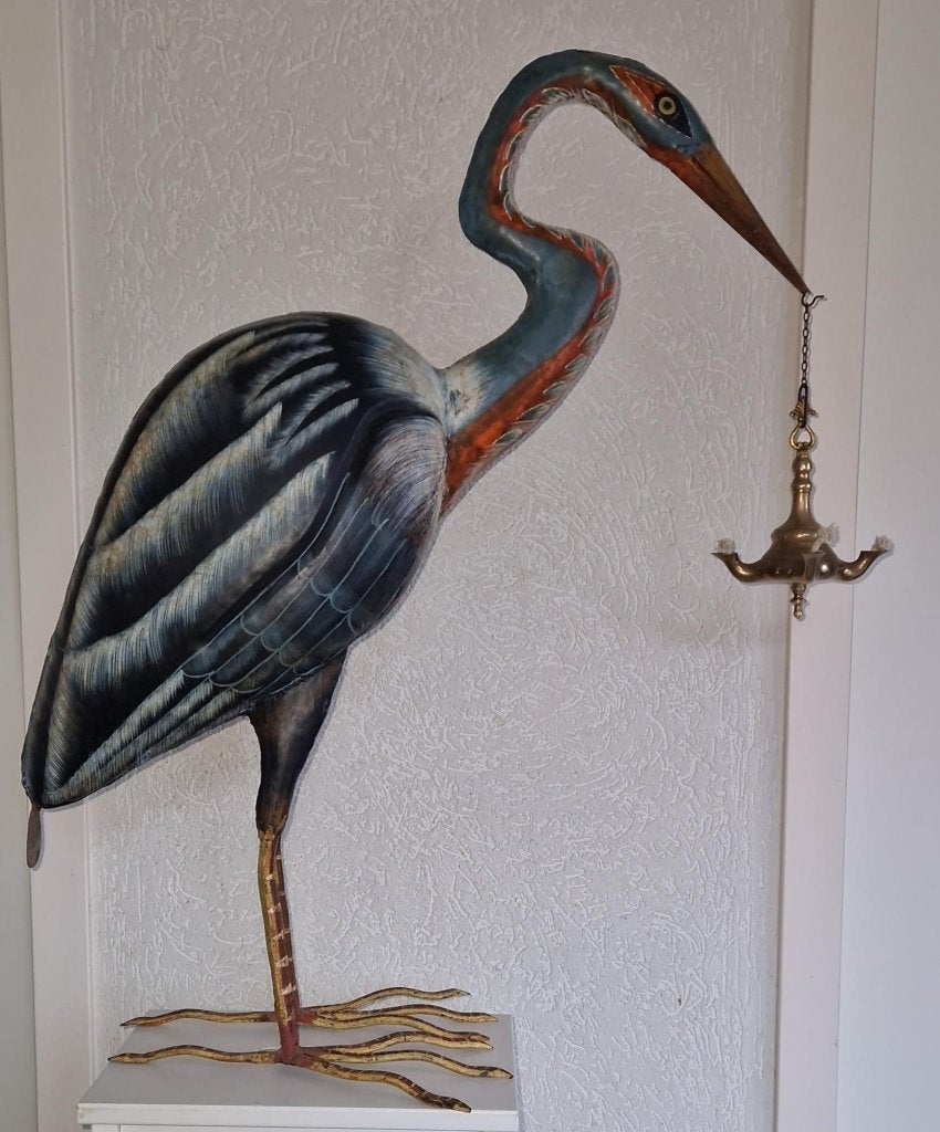 Prachtig oud gietijzeren beeld van een reiger met olielamp, Antiek en Kunst, Ophalen of Verzenden