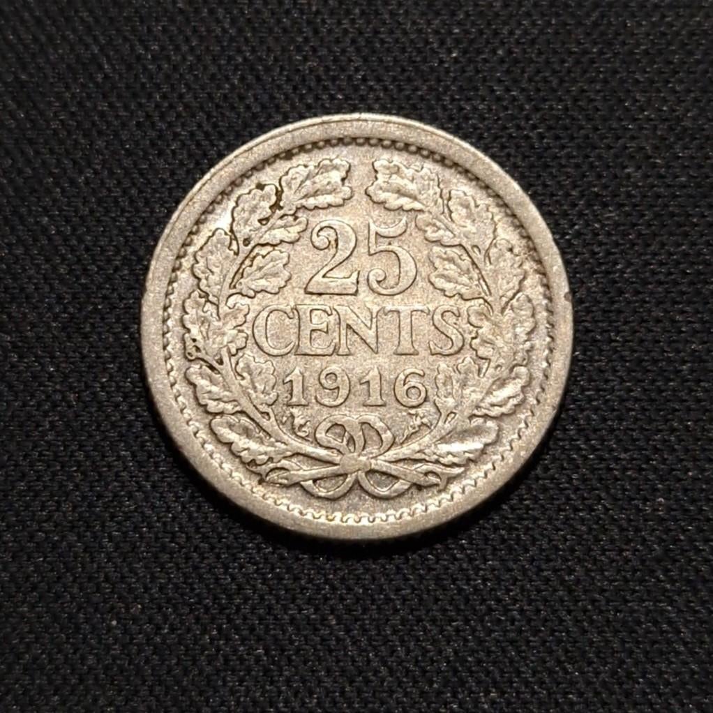 25 cent 1916 (2), Postzegels en Munten, Munten | Nederland, Verzenden, Zilver, 25 cent, Koningin Wilhelmina