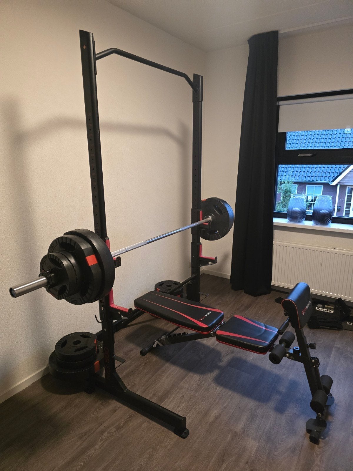 Domyos Rack 500, 110kg Gewichten, ATX Stang, Sport en Fitness, Fitnessmaterialen, Ophalen, Gebruikt, Benen, Fitnessbank
