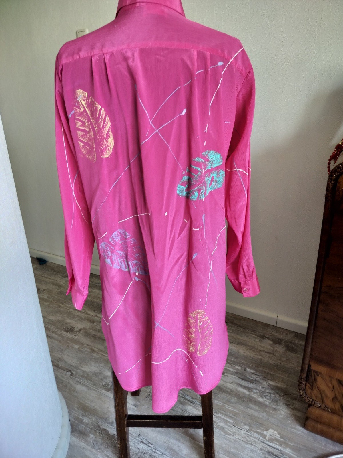 Vintage blouse met bladprint en verfspatten, Ophalen of Verzenden, Zo goed als nieuw