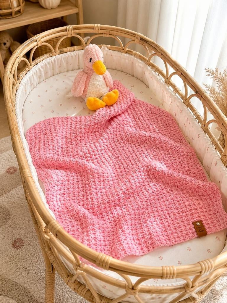 Roze gehaakte babydeken met knuffel - Handgemaakt met liefde, Ophalen of Verzenden, Zo goed als nieuw, Deken