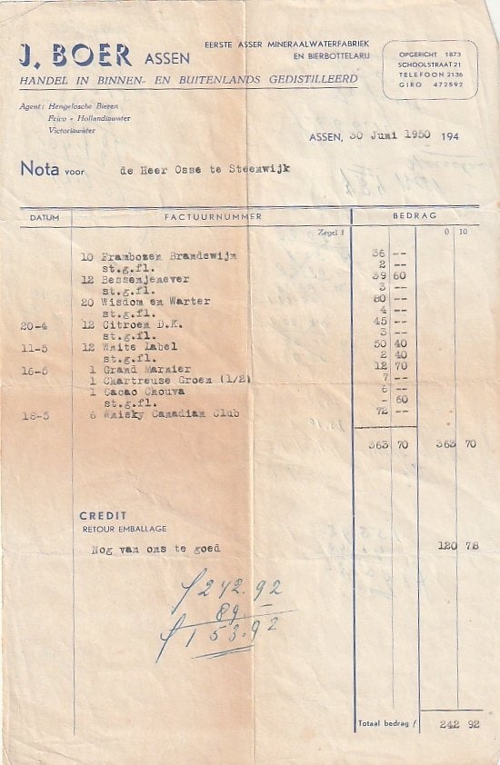 Assen De Boer gedistilleerd bierbottelarij factuur 1950, Ophalen of Verzenden, Zo goed als nieuw, Overige typen