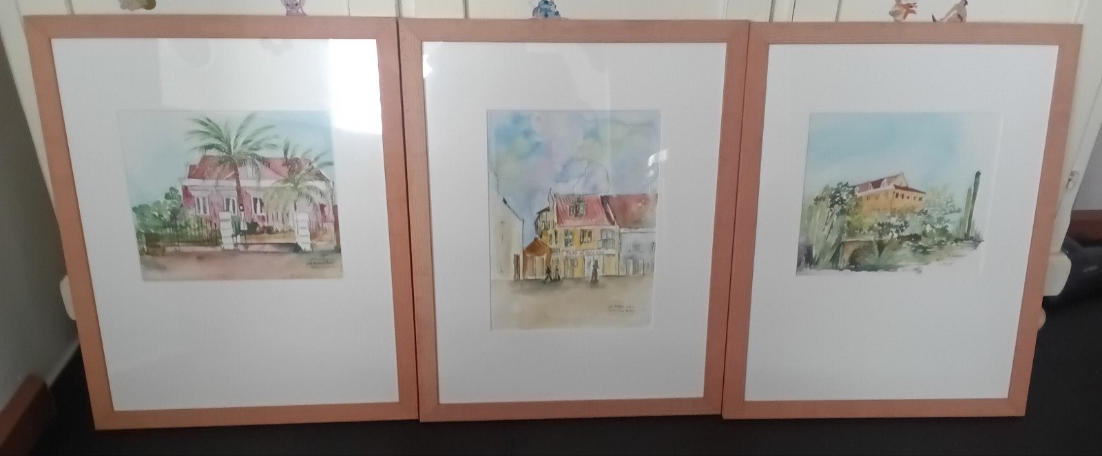 Set van 3 ingelijste aquarellen - Caribische huizen, Ophalen of Verzenden