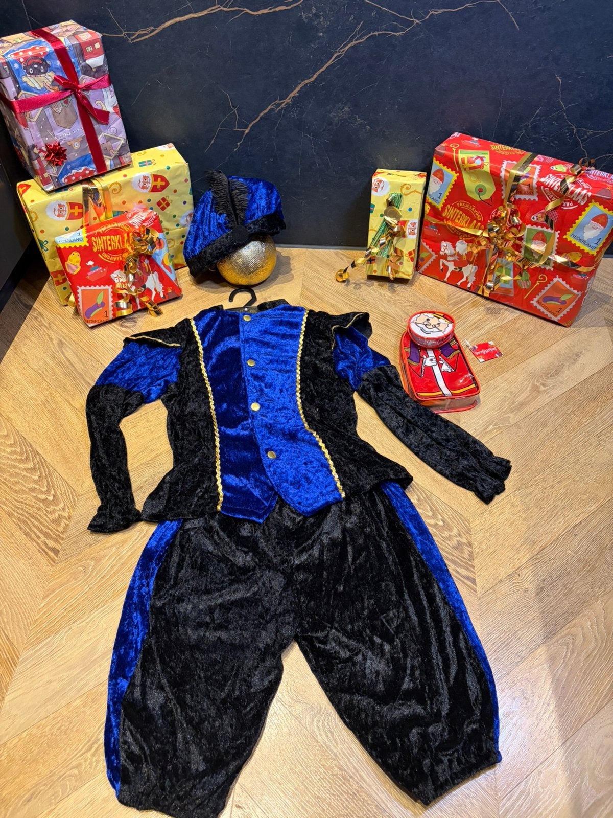 Pietenpak blauw zwart maat 146 sinterklaas setje nieuw, Ophalen of Verzenden, Nieuw