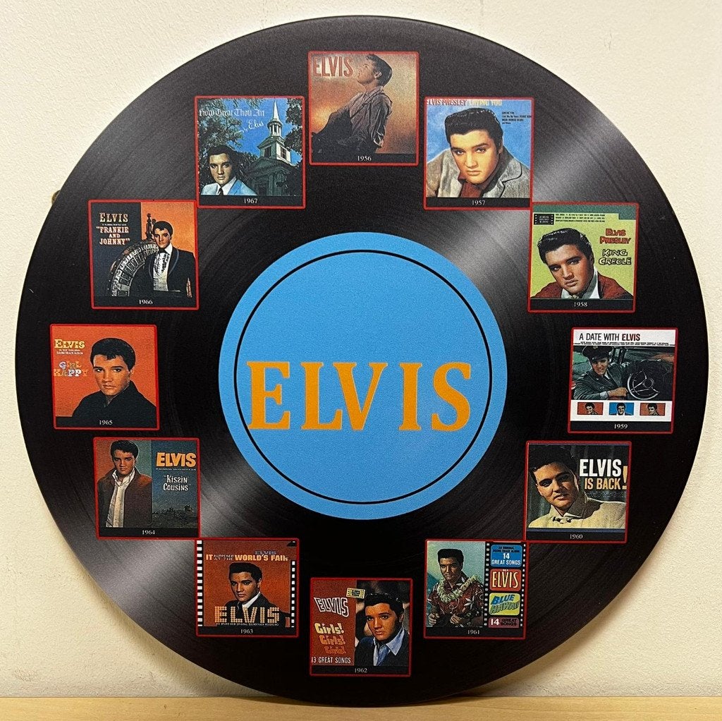 Elvis presley vinyl albums rond reclamebord van metaal deco