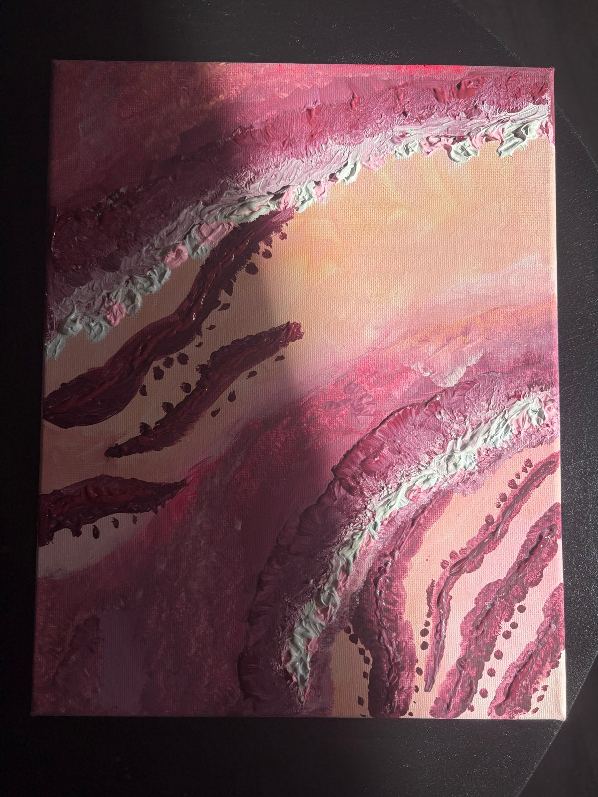 Zelfgemaakt abstract schilderij in roze en paarse tinten, Acrylverf, Ophalen of Verzenden, Handgeschilderd, Overige onderwerpen