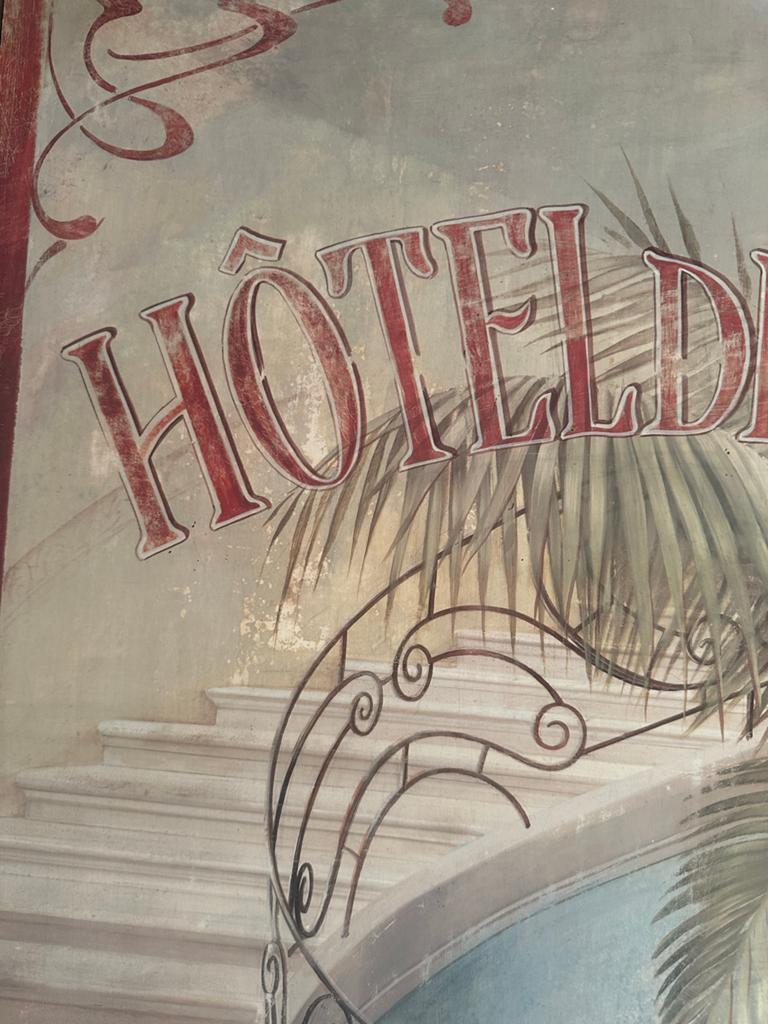 Vintage 'Hotel de Pins Cannes' schilderij, Ophalen, Gebruikt, Schilderij, 75 cm of meer