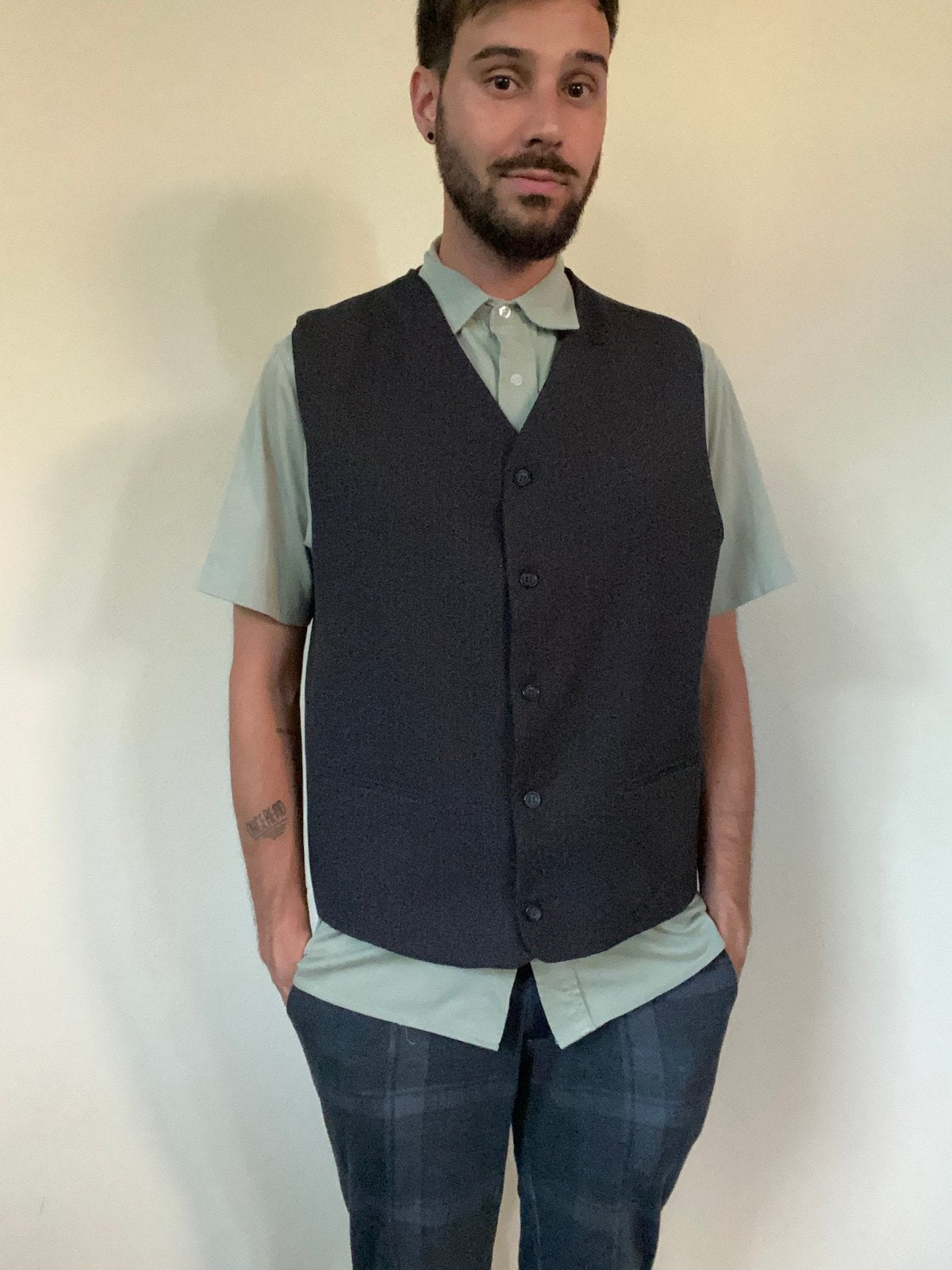 Vintage gilet / waistcoat - grijs - krijgtstreep - 54/L, Maat 52/54 (L), Hgv, Hgv, Ophalen of Verzenden