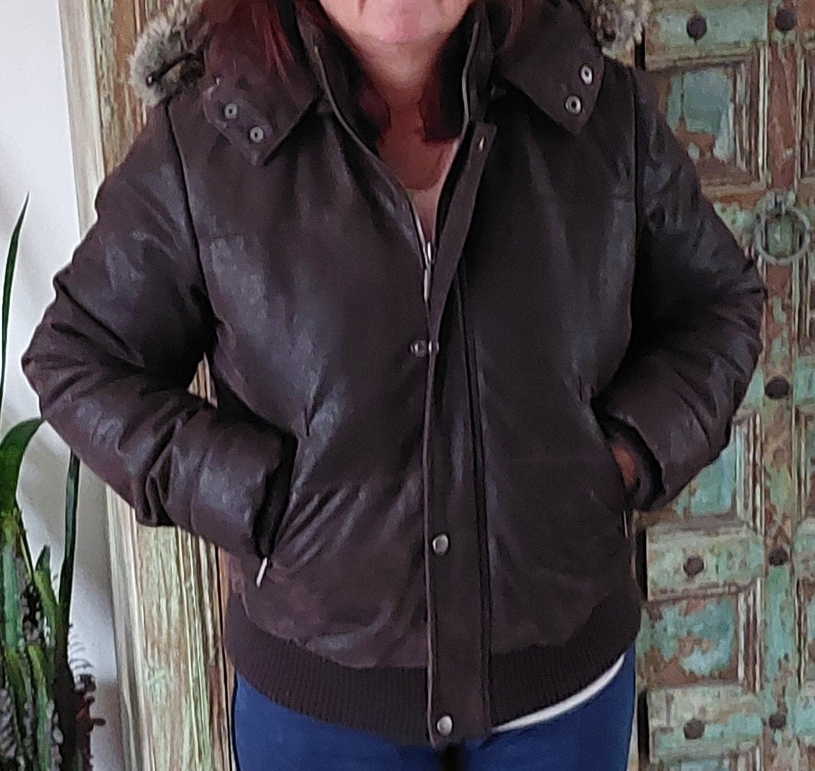 Leren dames jas met afneembare bontkraag - Maat M/L, Maat 38/40 (M), Bruin, Zo goed als nieuw, Leather Style