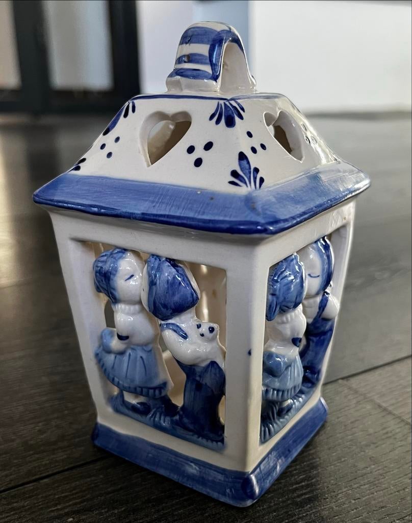 Delftsblauwe lantaarn voor waxinelichtje, Overige materialen, Gebruikt, Wit, Ophalen of Verzenden