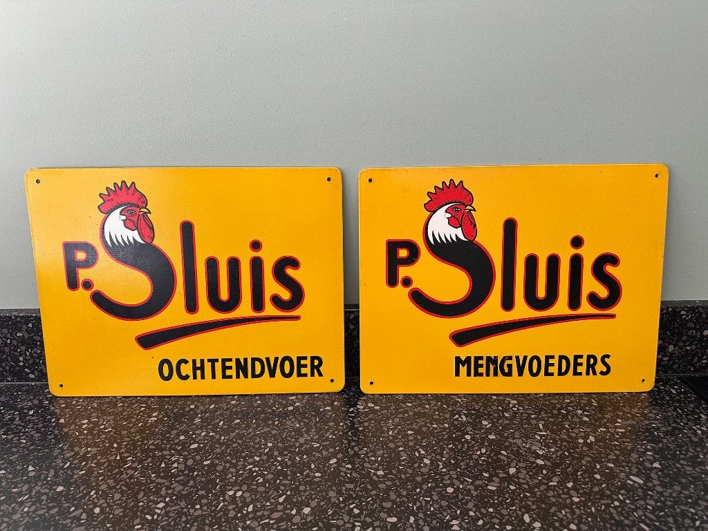 2 P. Sluis borden. Mengvoeders en ochtendvoer 38 x 29 cm., Ophalen of Verzenden, Gebruikt, Reclamebord