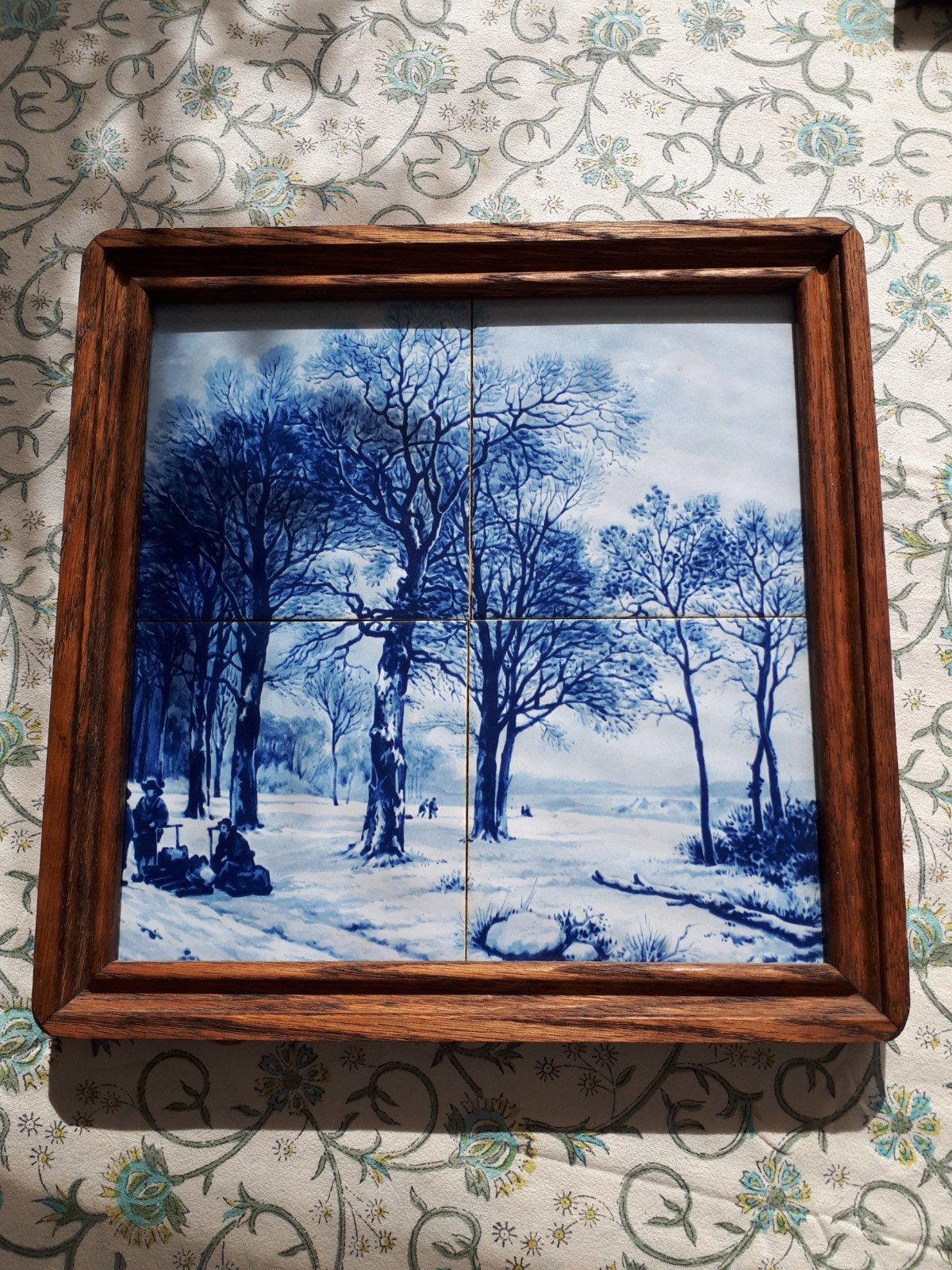 Mooi Delfs blauw tableau (4 tegels)in lijst, Antiek en Kunst, Ophalen of Verzenden