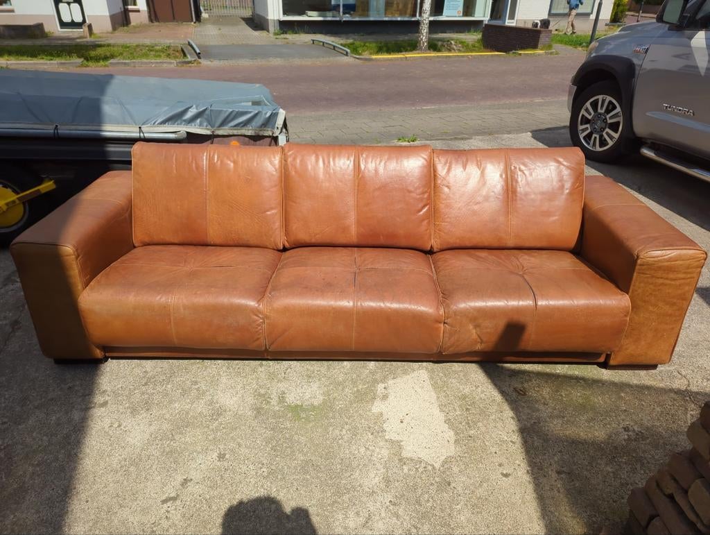 Cognac Leren Bank - Dik Pilotenleer, Ophalen, 250 tot 300 cm, Gebruikt, Driepersoons