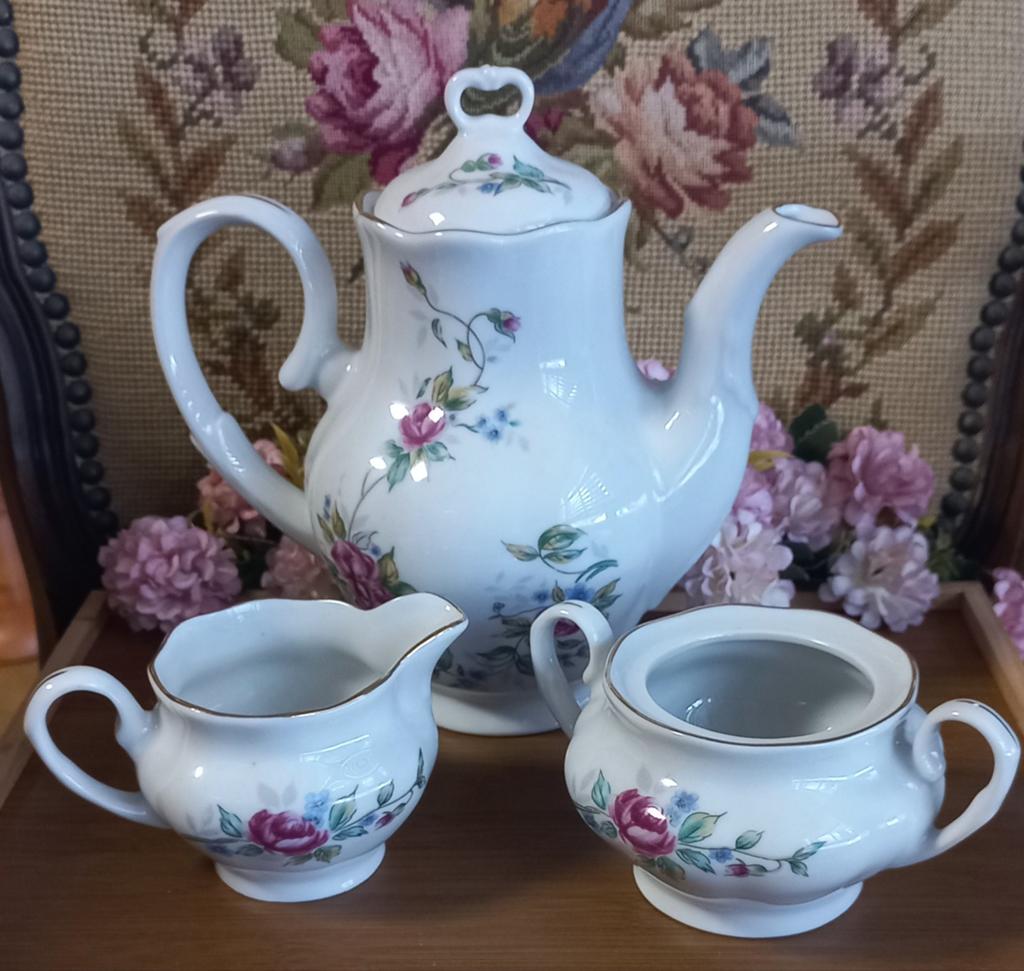 Mooie brocante koffieset, 3-delig, roze roosjes, Jarolina, Ophalen of Verzenden