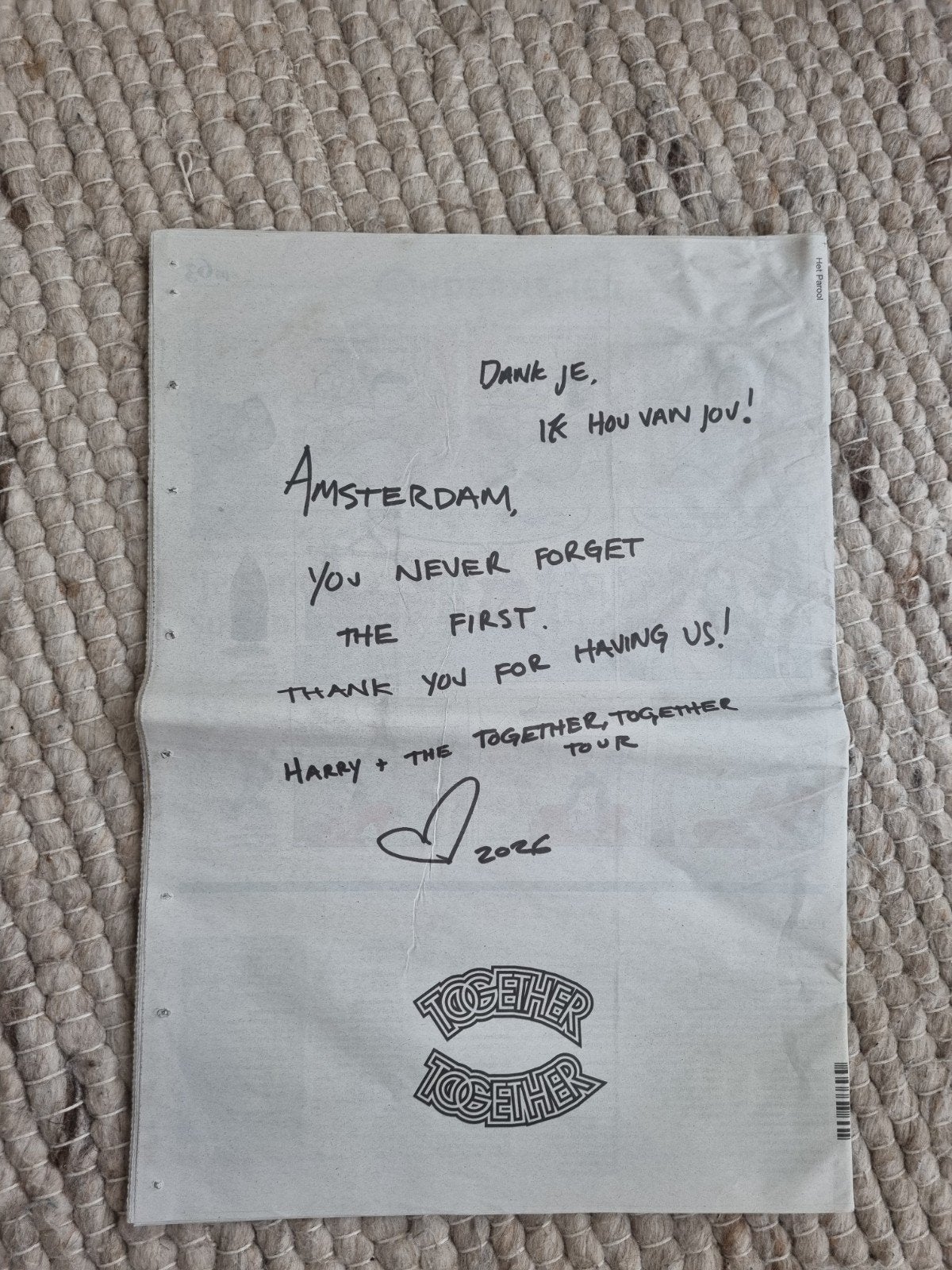 Het Parool krant met Harry Styles boodschap, Ophalen of Verzenden, Krant
