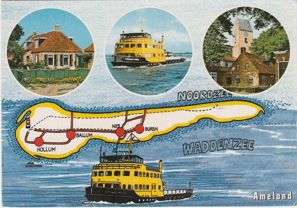 AMELAND Landkaart met Gele Veerboot, Verzenden, 1980 tot heden, Gelopen, Waddeneilanden