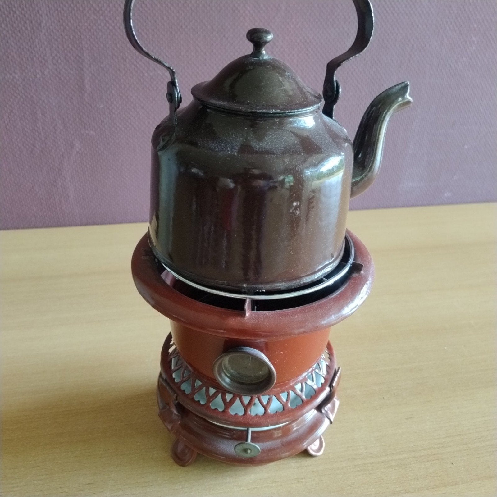 Vintage theepot met rechaud - Bruin geëmailleerd, Ophalen