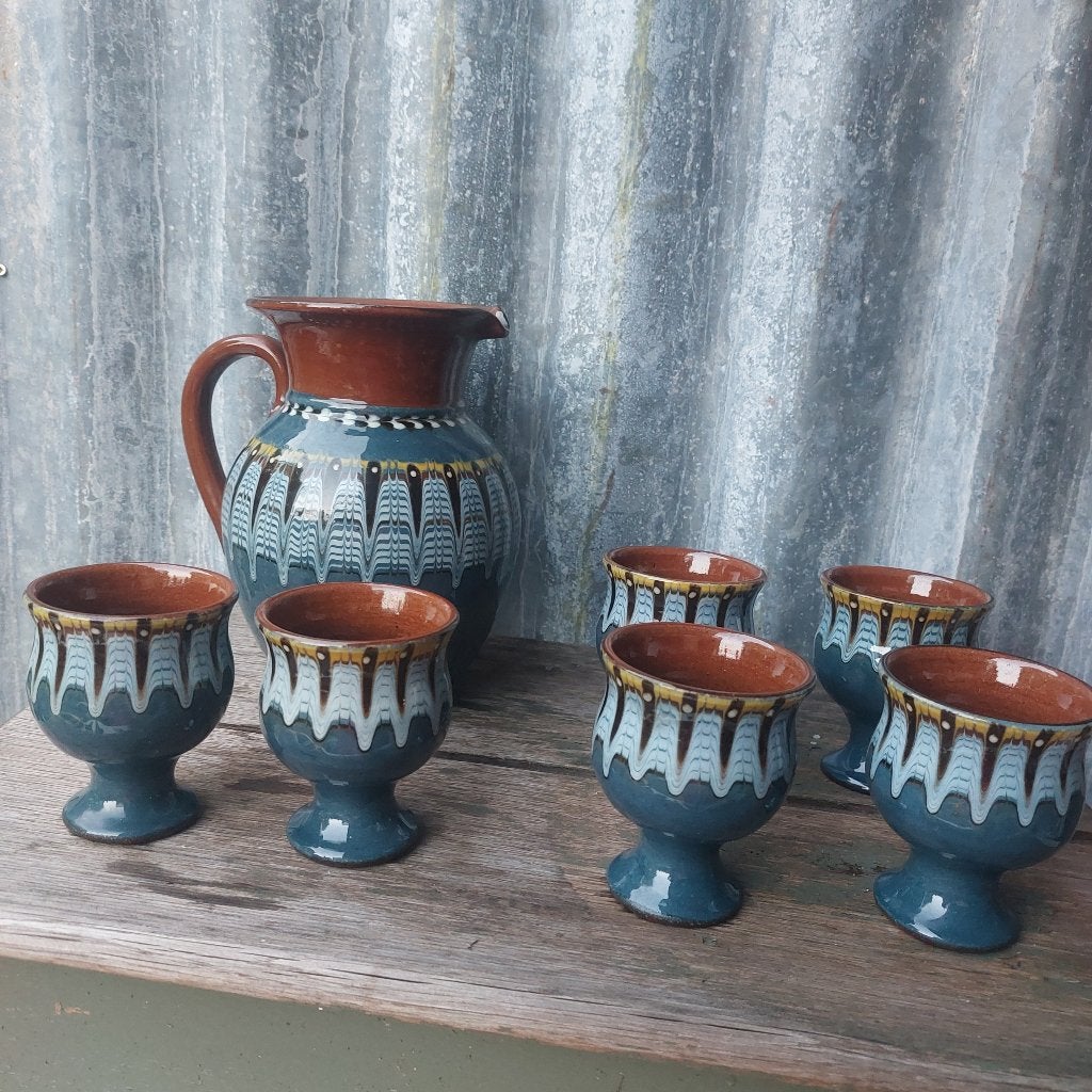 vintage set Troyan aardewerk, bestaat uit pitcher +6 bekers, Ophalen of Verzenden