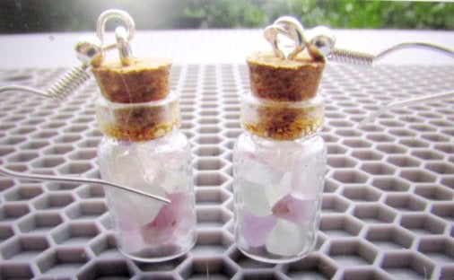23x10mm glazen flesjes met fluoriet oorbellen., Overige materialen, Hangers, Paars, Nieuw