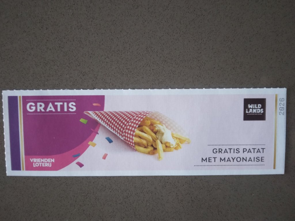 WILDLANDS - bon voor gratis patat met mayonaise, Tickets en Kaartjes, Eén persoon, Cadeaubon, Arrangement, Overige typen