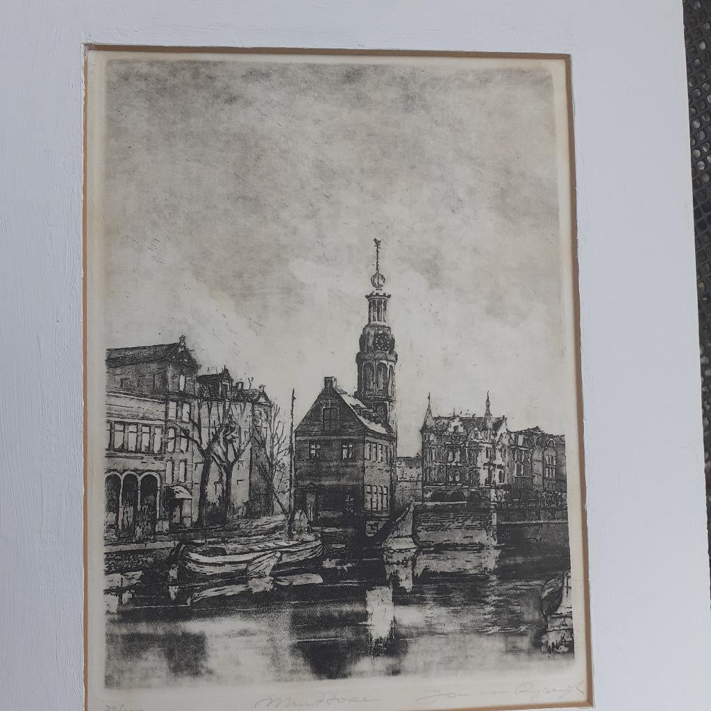 Jan van Rijsewijk - Munttoren -  ets., Antiek en Kunst, Kunst | Etsen en Gravures, Ets, Stadsgezicht, Ophalen of Verzenden, Met tekst