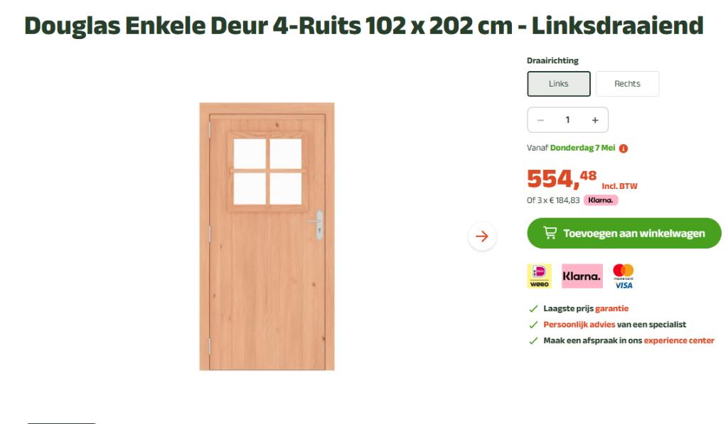 Nieuw!  Enkele Deur 4-Ruites 102 x 202 cm linksdraaiend, Ophalen, Overige typen, Nieuw, 200 tot 215 cm