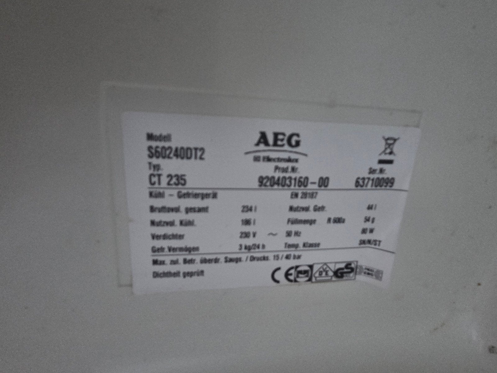 AEG Koelkast met vriesvak - Model S60240DT2, Ophalen, 150 tot 200 liter, Gebruikt, 60 cm of meer