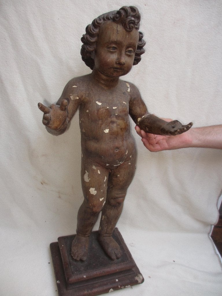 Antiek houten 18e eeuws Putti beeld 80cm Hoog mooi steekwerk, Antiek en Kunst, Ophalen, 50 - 100 cm, Handgemaakt, Beeld