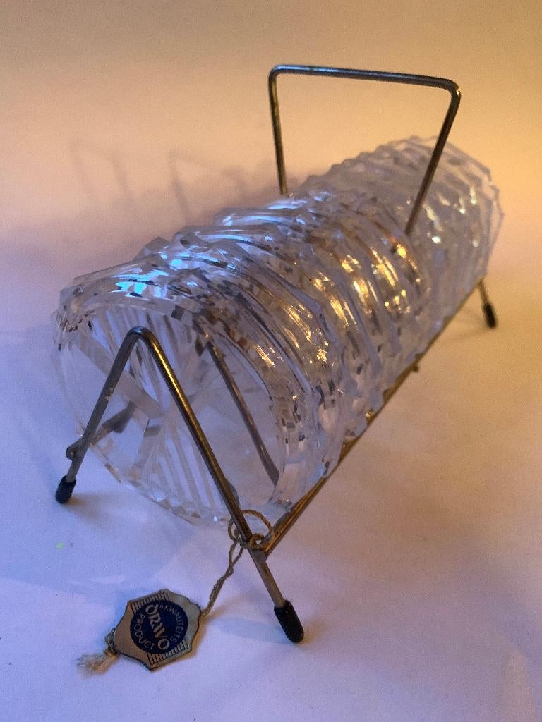 Vintage Onderzetters in Rekje - Oravo Kristal of glas, Ophalen of Verzenden, Zo goed als nieuw, Glas of Kopje
