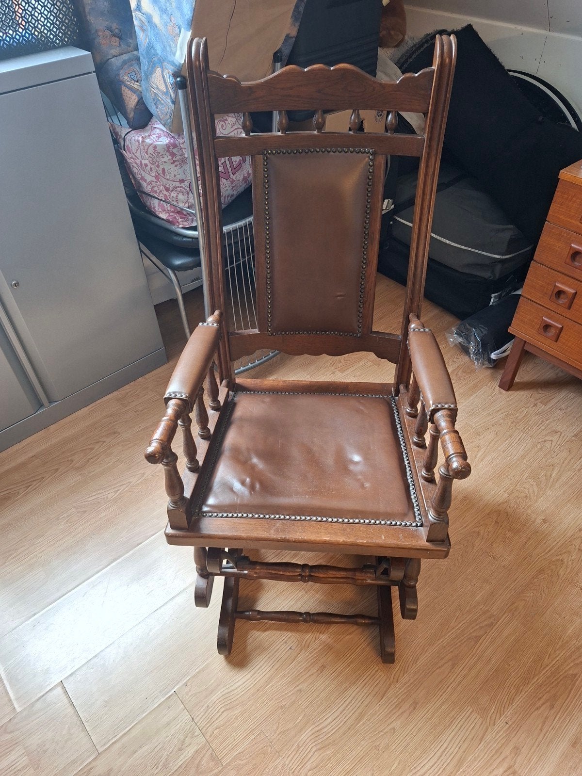 Antieke  engelse Schommelstoel met Lederen Bekleding, Ophalen of Verzenden