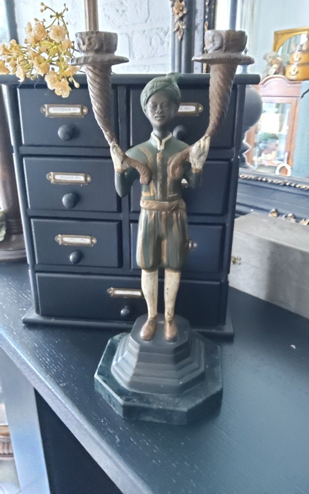 Blackamoor kandelaar op marmeren voet, Ophalen, Koper of Brons
