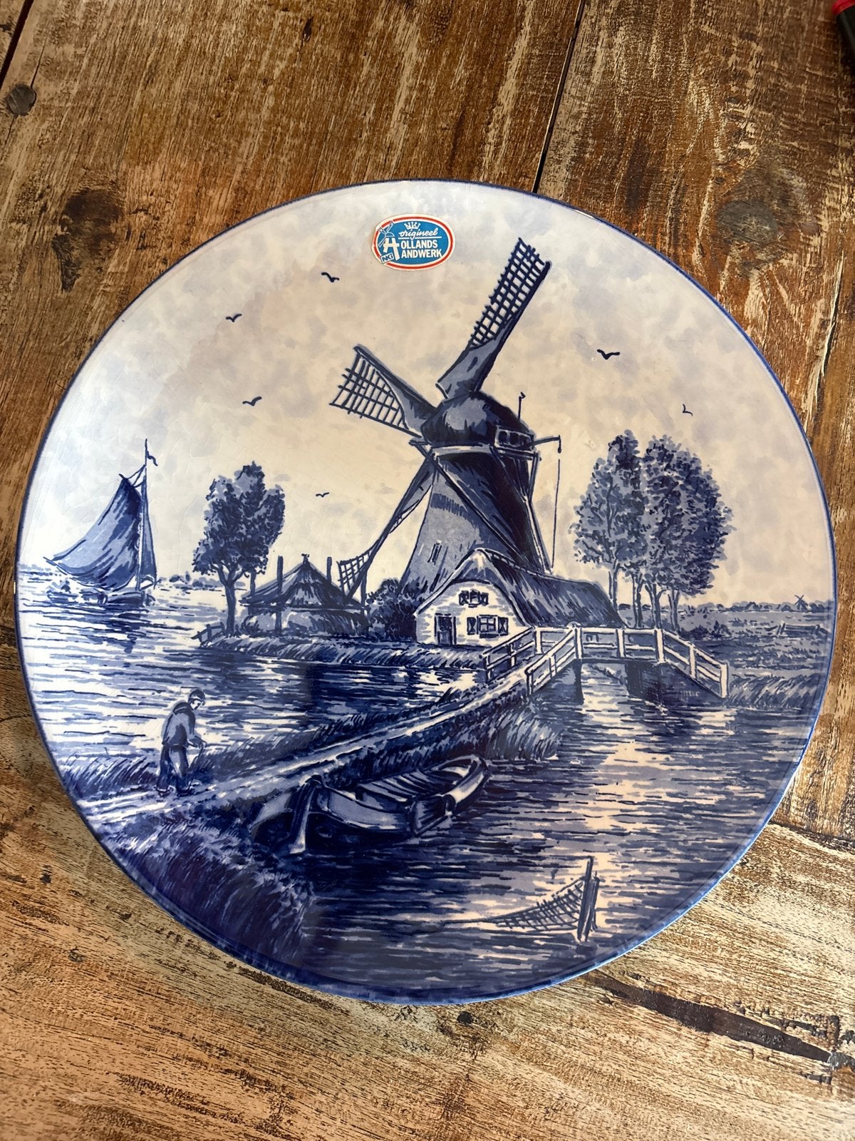 Handgeschilderd Delfts Blauw wandbord – molenlandschap, Ophalen