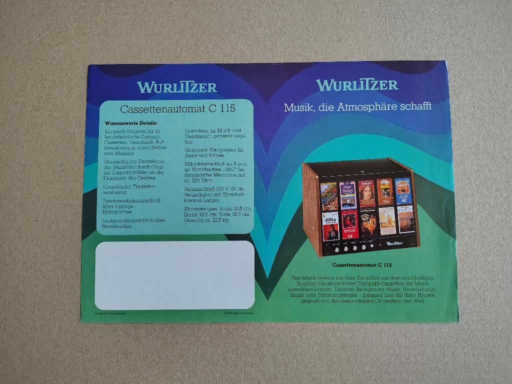 Flyer: Wurlitzer Cassettenautomaat C115 (1984) jukebox, Verzenden, Gebruikt, 1950 tot 1960, Seeburg