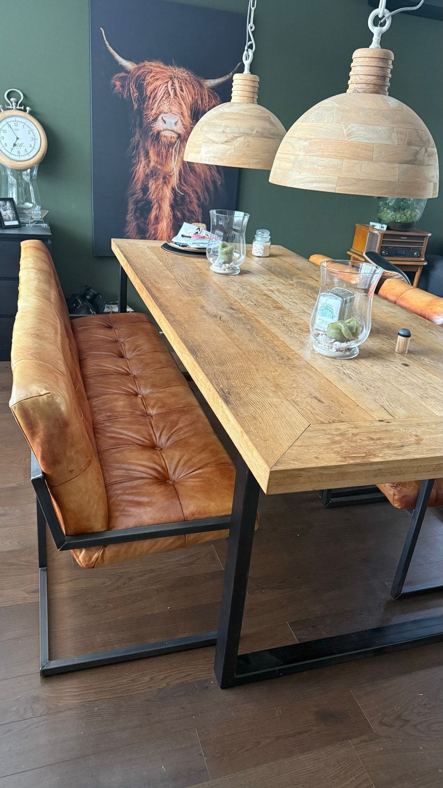 Eiken tafel met cognac leren bank en stoelen, Ophalen, Gebruikt, Leer, Industrieel