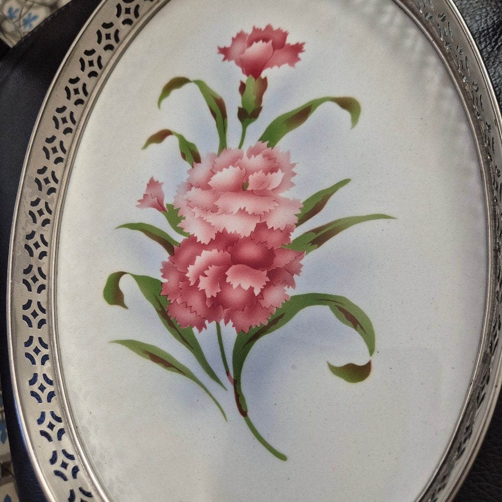 Prachtig antiek dienblad roze bloem verzilverde rand, Overige materialen, Ophalen of Verzenden, Zo goed als nieuw, Dienblad