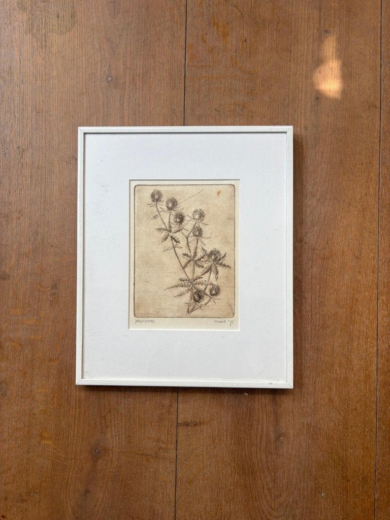 Gesigneerde ets ‘Kruisdistel’ – Minnie 1975 – ingelijst, Antiek en Kunst, Ophalen