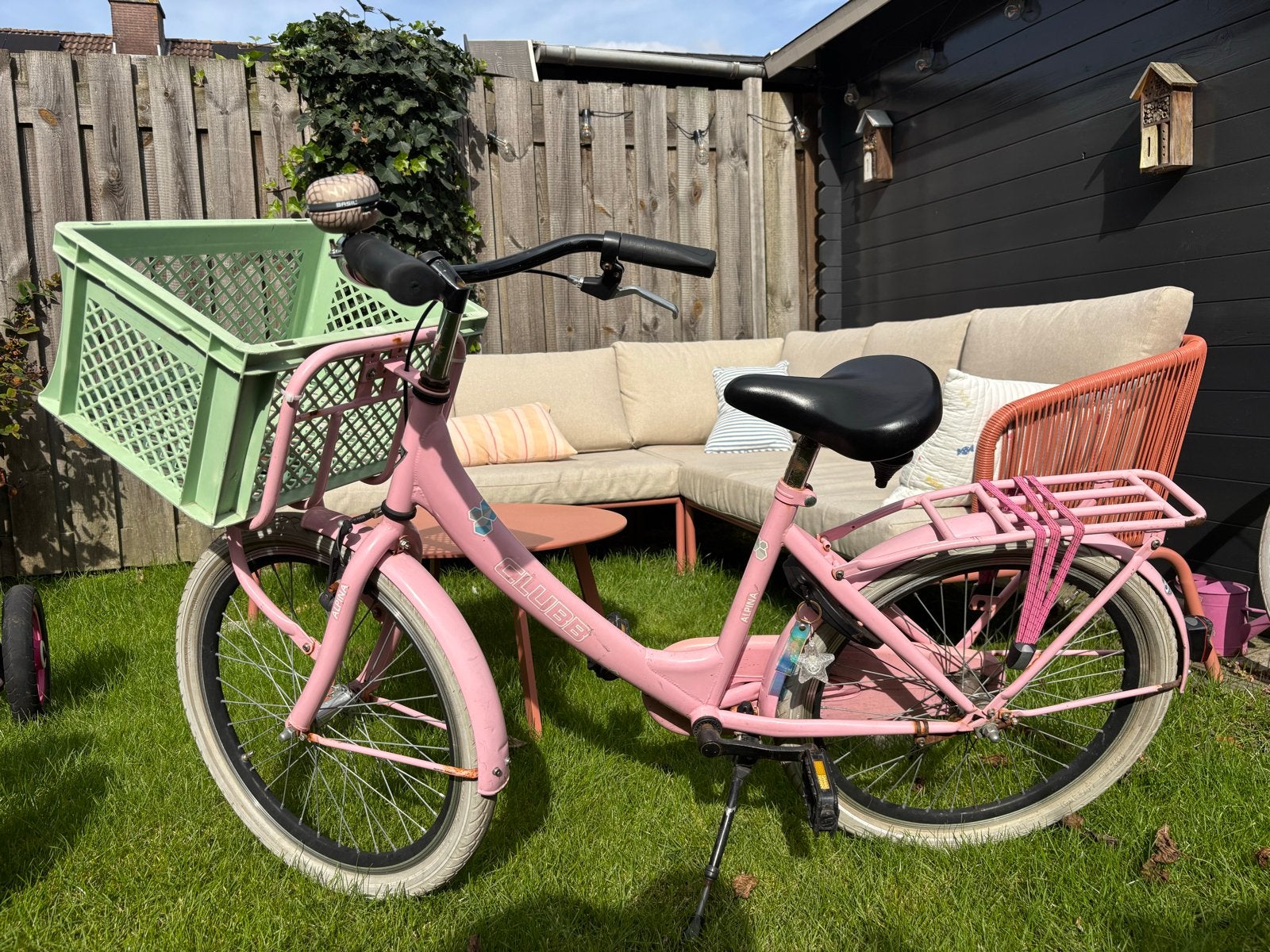 Roze Alpina Clubb kinderfiets 22 inch met krat - Gebruikt, Fietsen en Brommers, Ophalen, Terugtraprem, 22 inch, Gebruikt
