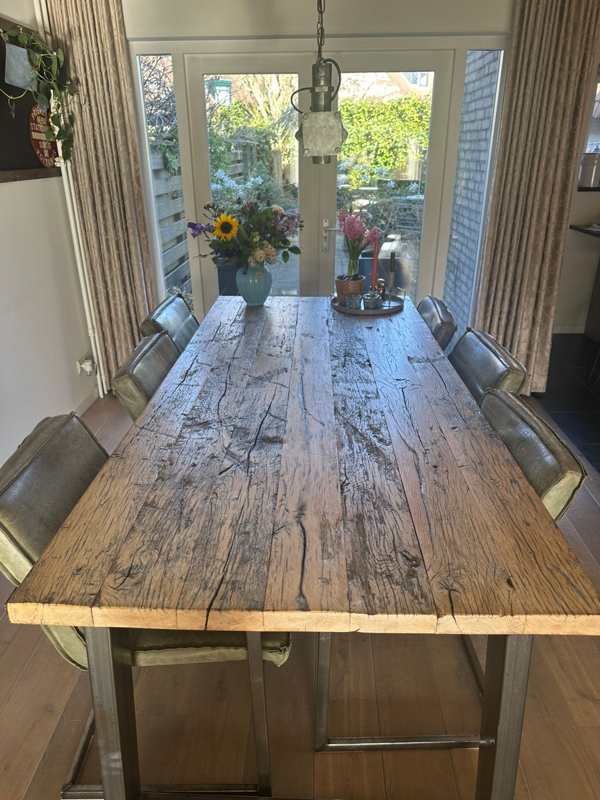 Eikenhouten eettafel 220 cm, Ophalen, 200 cm of meer, 50 tot 100 cm, Zo goed als nieuw